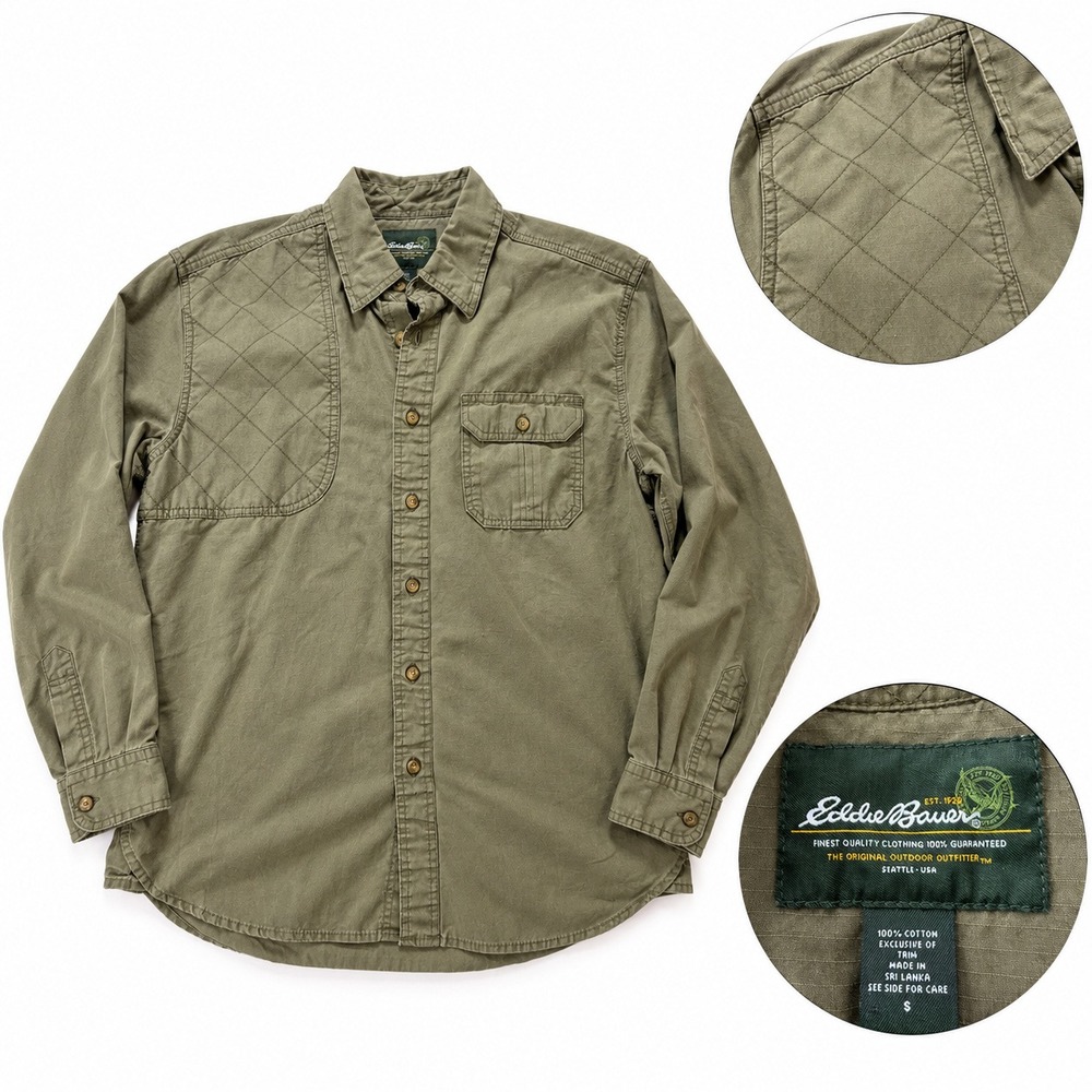 Eddie Bauer shooting Shirt Men Small Quilted Shoulder Ripstop Olive Green Cotton